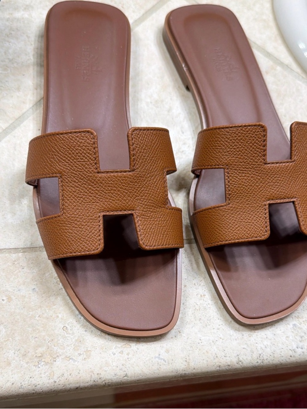 Hermes Brown Leather H-Strap Slide Sandals